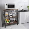 Modern Industrial Black Metal Brown Wood Kitchen Baker's Rack Microwave Cart