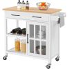 White Kitchen Island Cart with Wood Top Storage Cabinet and Locking Casters