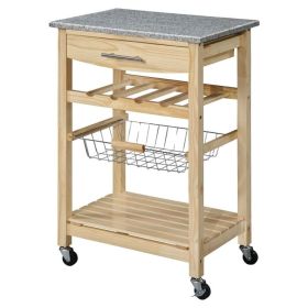 Natural Wood Finish Kitchen Island Cart with Granite Top