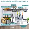 2-Tier Over the Sink Dish Drying Rack Drainer Utensil Organizer Holder Tableware Organizer Large Dish Rack for Kitchen Countertop Stainless Steel 33.7